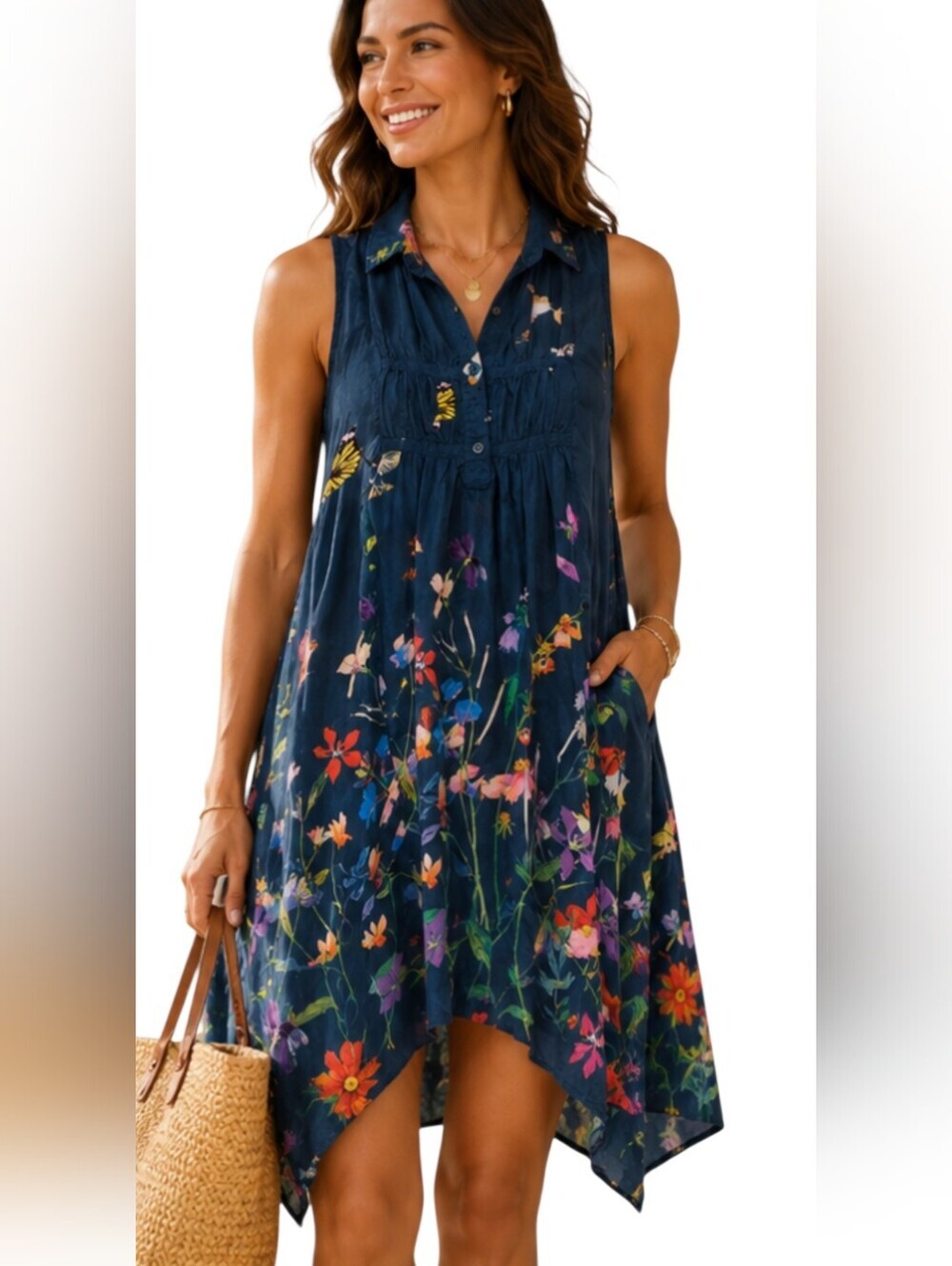 Johnny Was Cupra Rayon Floral Butterfly Handkerchief Hem Shirt Dress XS